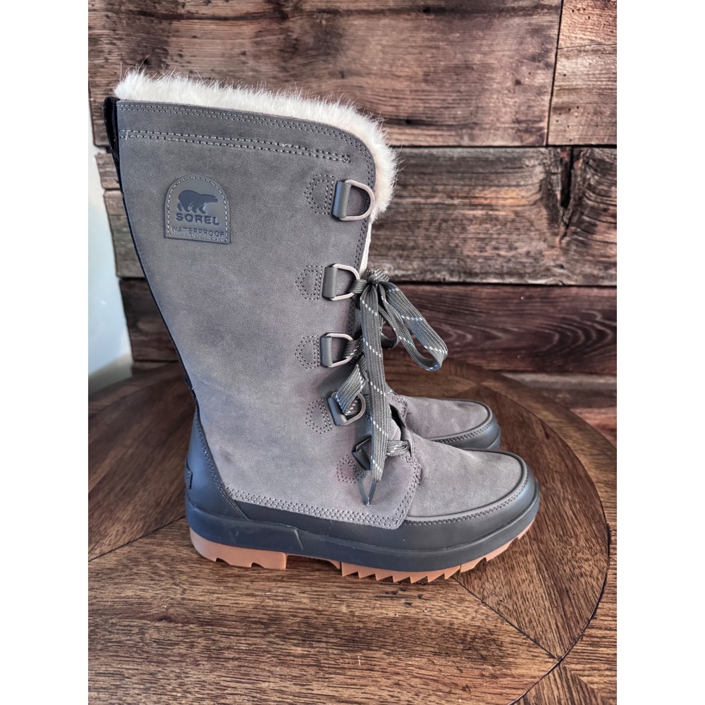 Sorel Explorer Joan Waterproof Boots Quarry Grey Faux Fur Snow NL3426-052 Sz 12